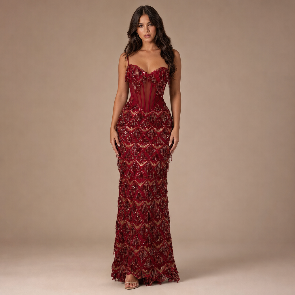 Sweetheart Corset Sequin Fringe Mermaid Maxi Gown 7