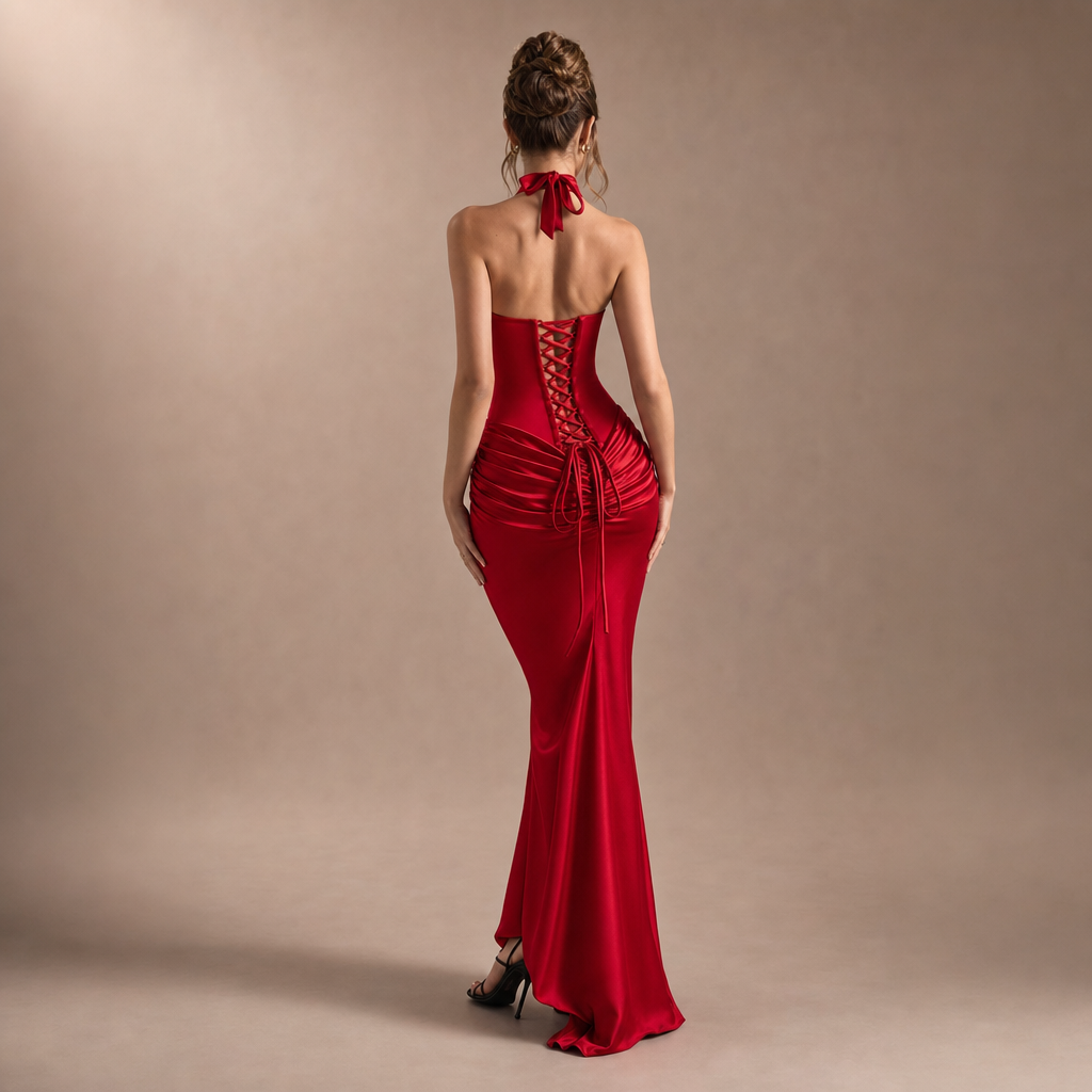 Halter Choker Strapless Corset Ruched Satin Fishtail Maxi Gown 3