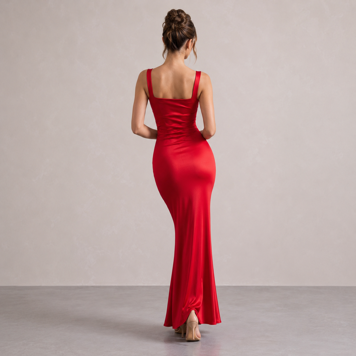 Square Neck Ruched Satin Fishtail Maxi Dress 12