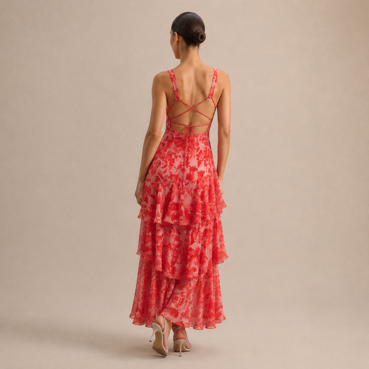 Floral Deep V-Neck Sleeveless Tiered Ruffle Maxi Dress 3