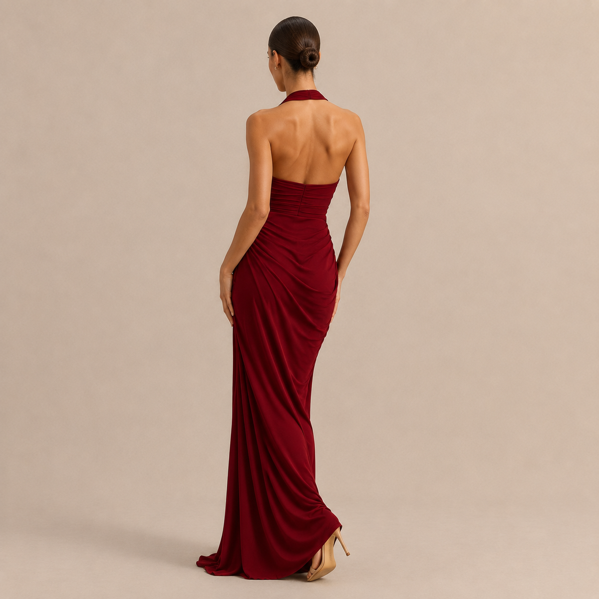Satin Halter Neck Ruched High Split Maxi Dress 6