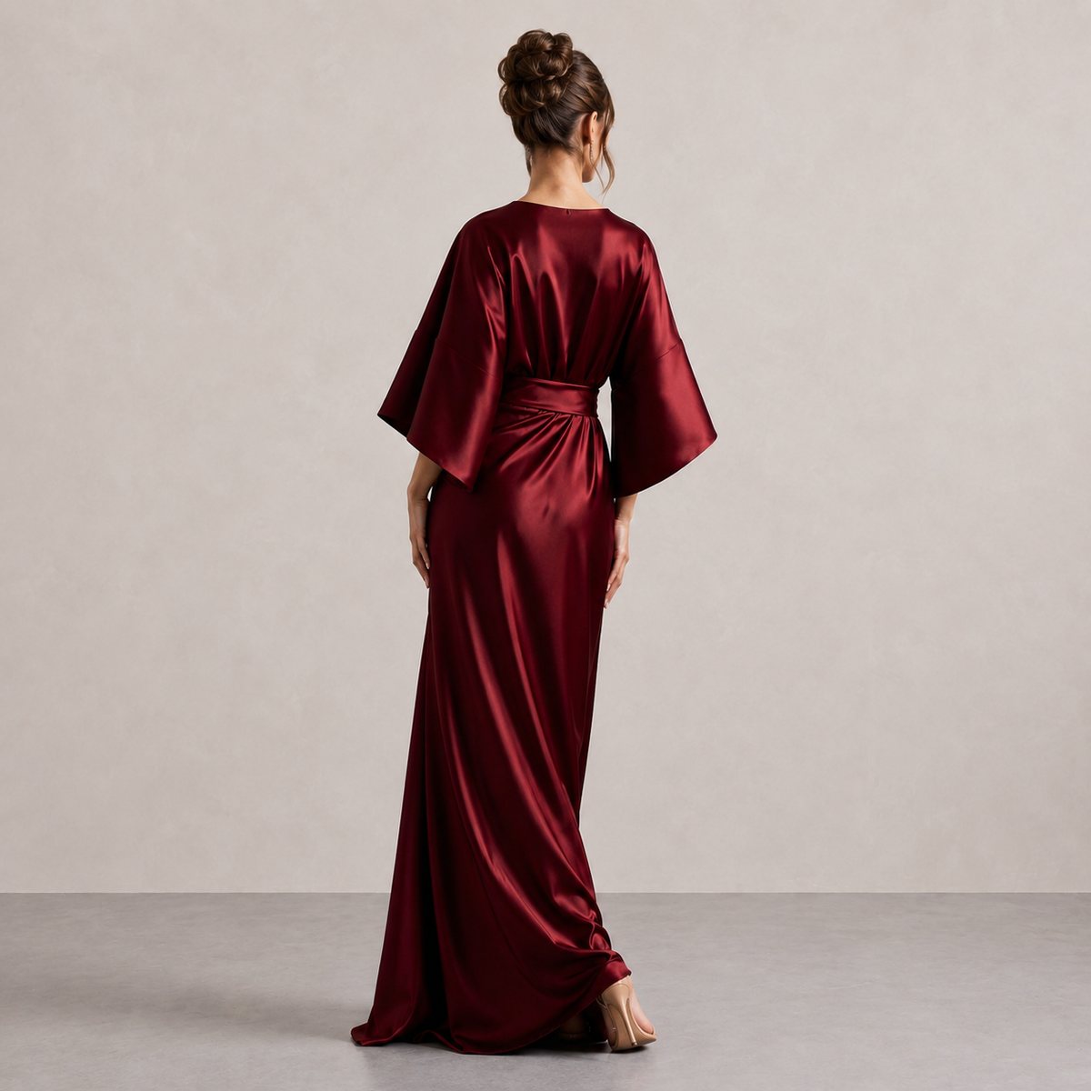 Round Neck Batwing Sleeve Brooch Ruched Satin Maxi Gown 6