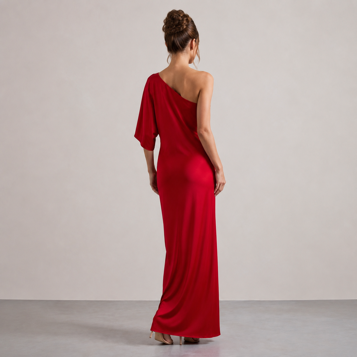 One Shoulder Batwing Sleeve Satin Side Split Maxi Dress 3
