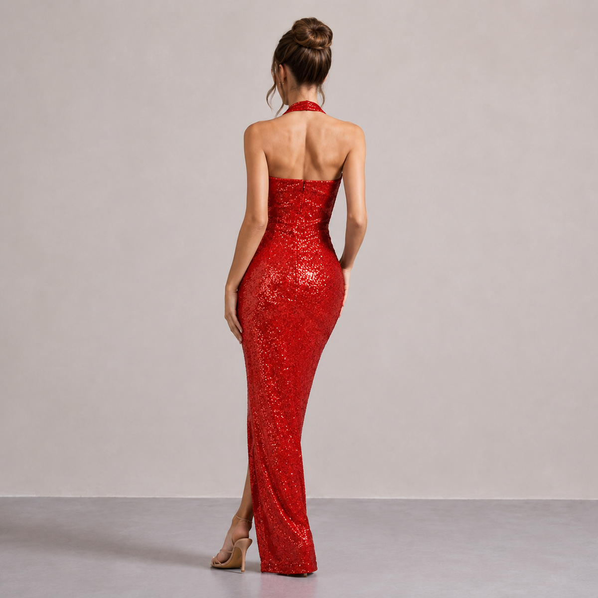 Halter Neck Sequin Backless High Split Maxi Gown 12