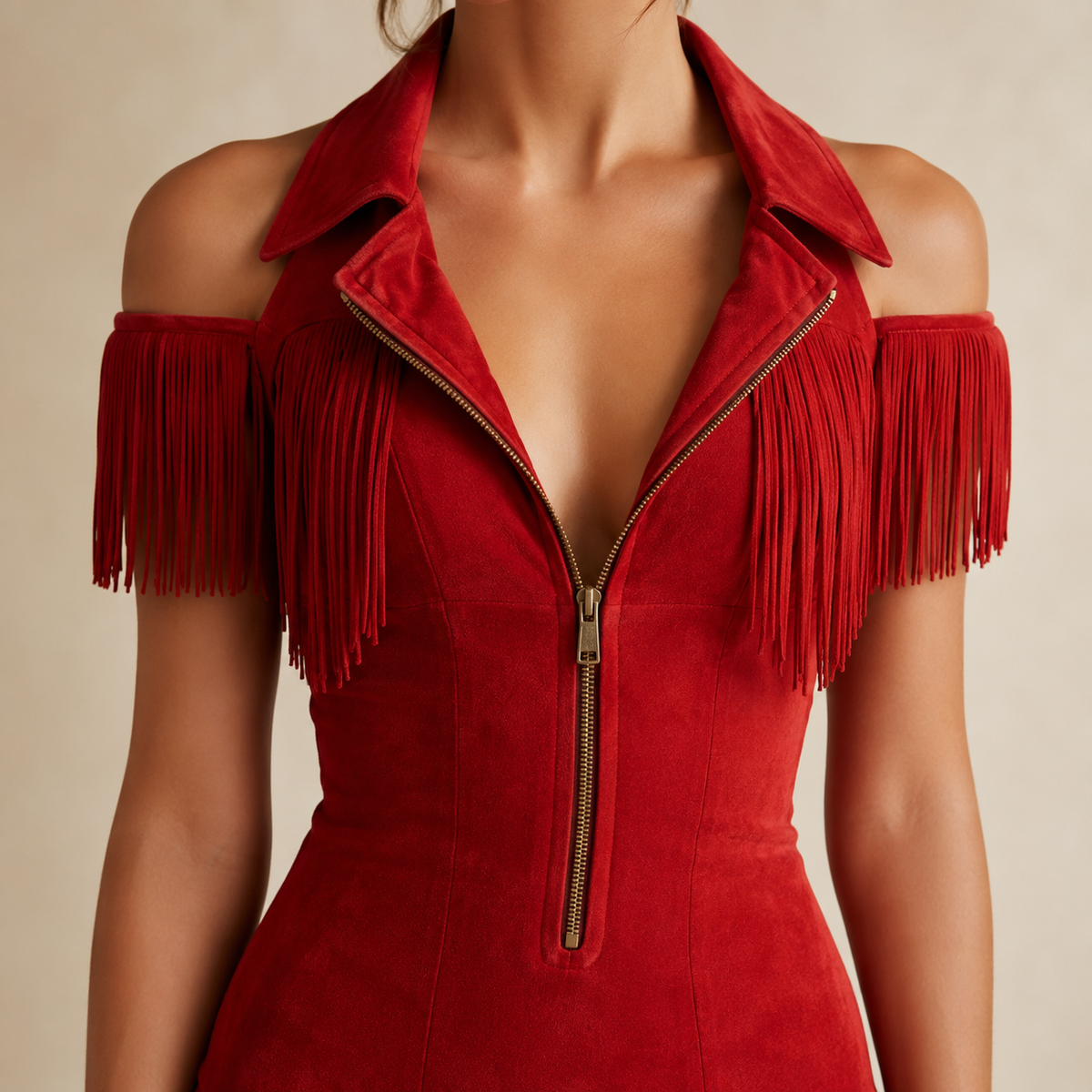 Suede Cold Shoulder Zip Front Fringe Mini Dress 6