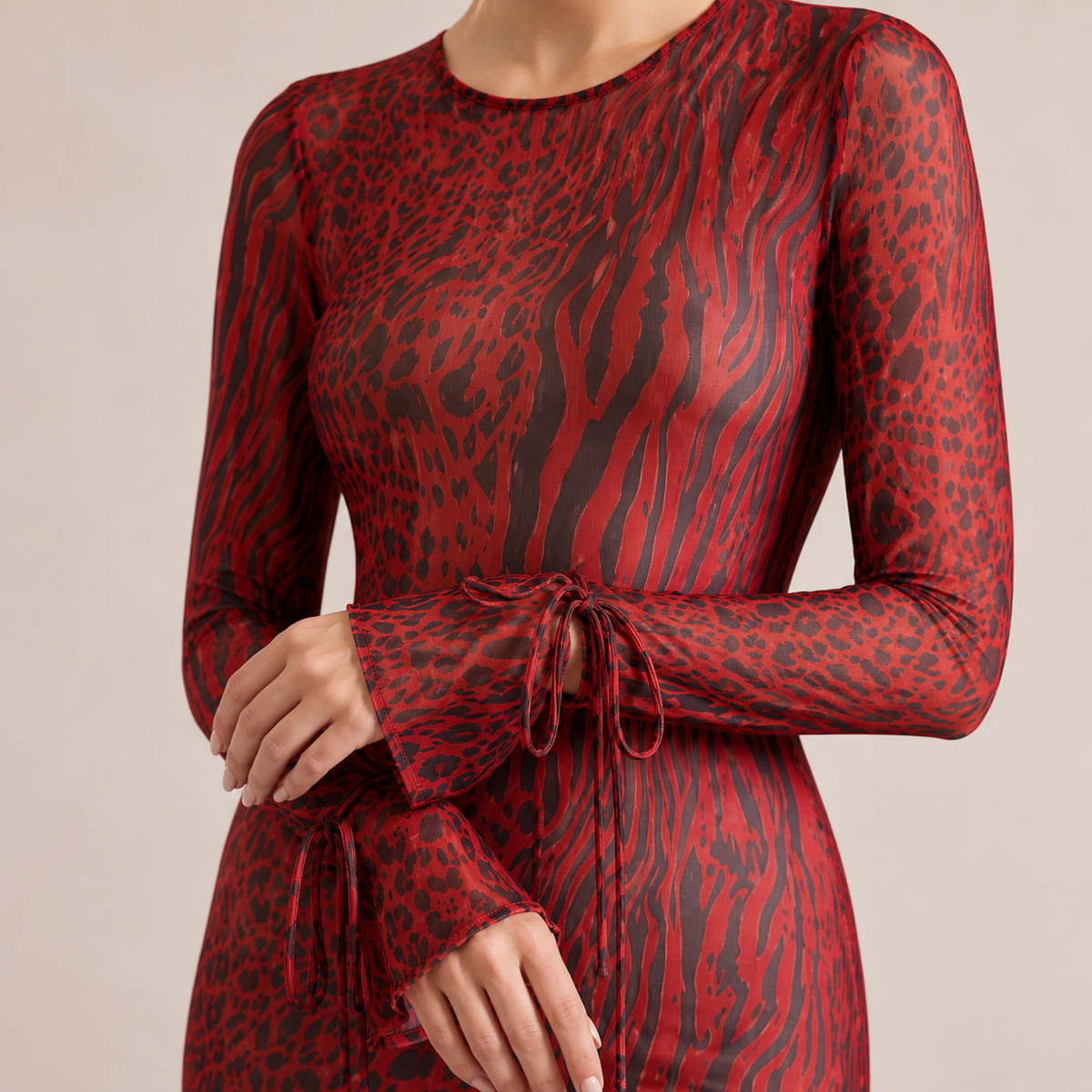 Animal Print Mesh Long Sleeve Fishtail Maxi Dress 2