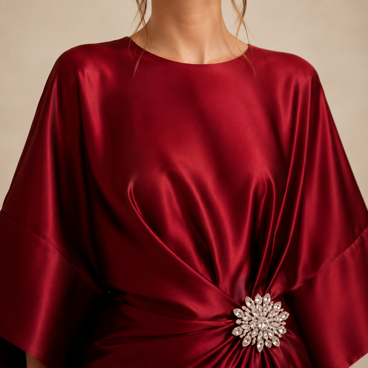 Round Neck Batwing Sleeve Brooch Ruched Satin Maxi Gown 5