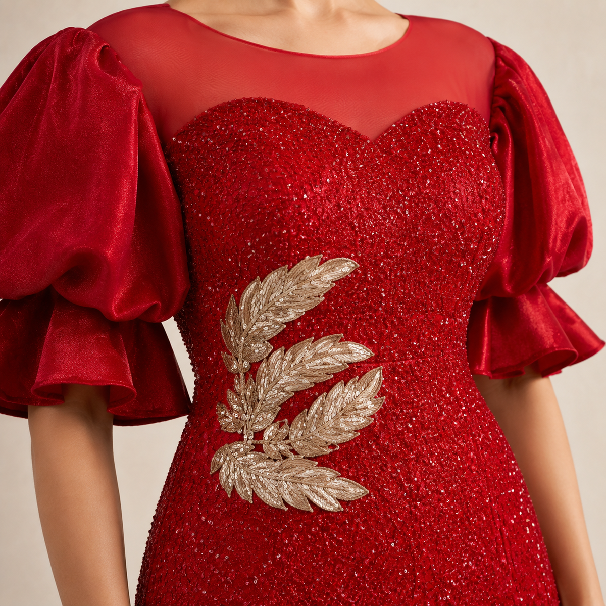Illusion Neck Puff Sleeve Sequin Mermaid Gown 5