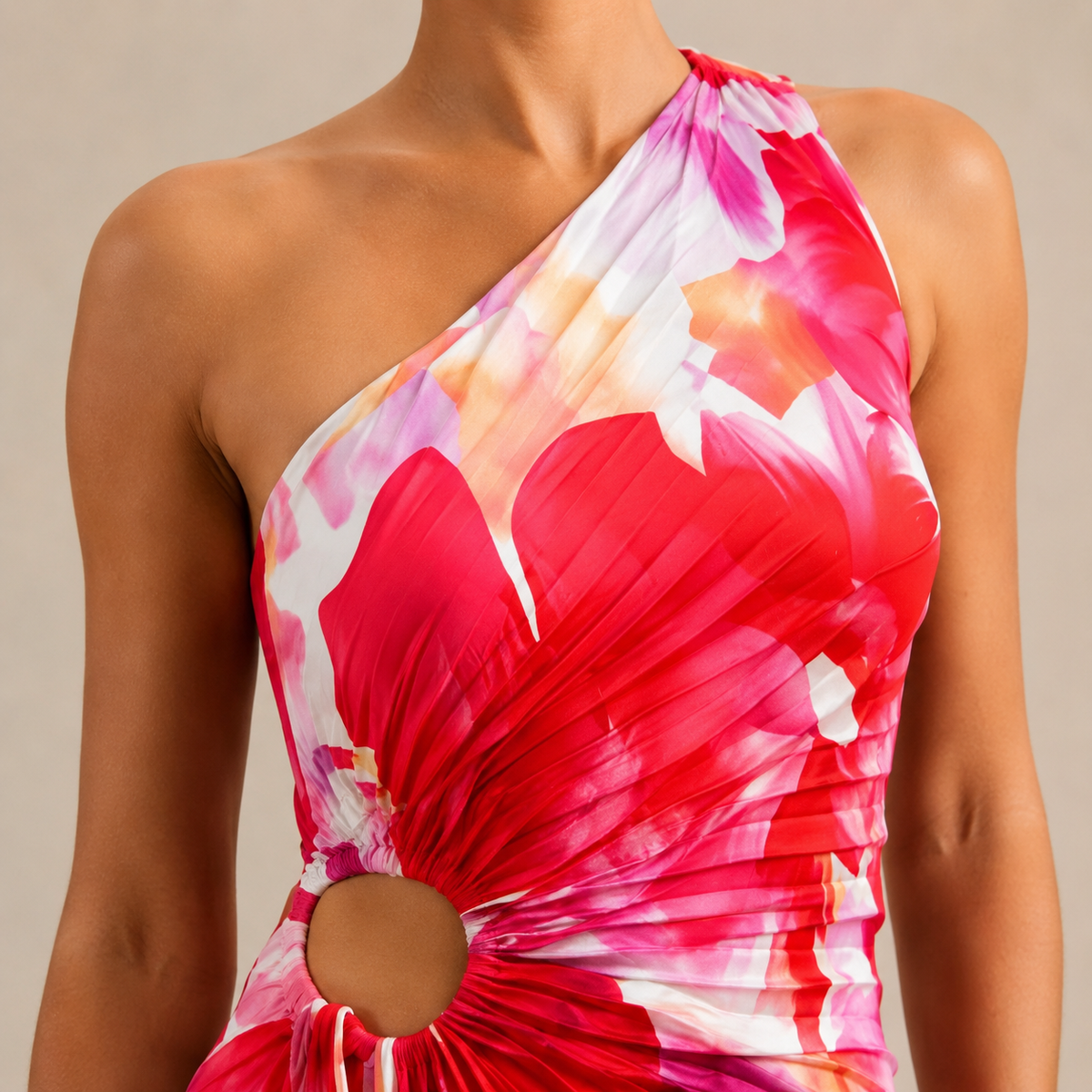 One Shoulder Floral Pleated O Ring Cut Out Maxi Dress 2