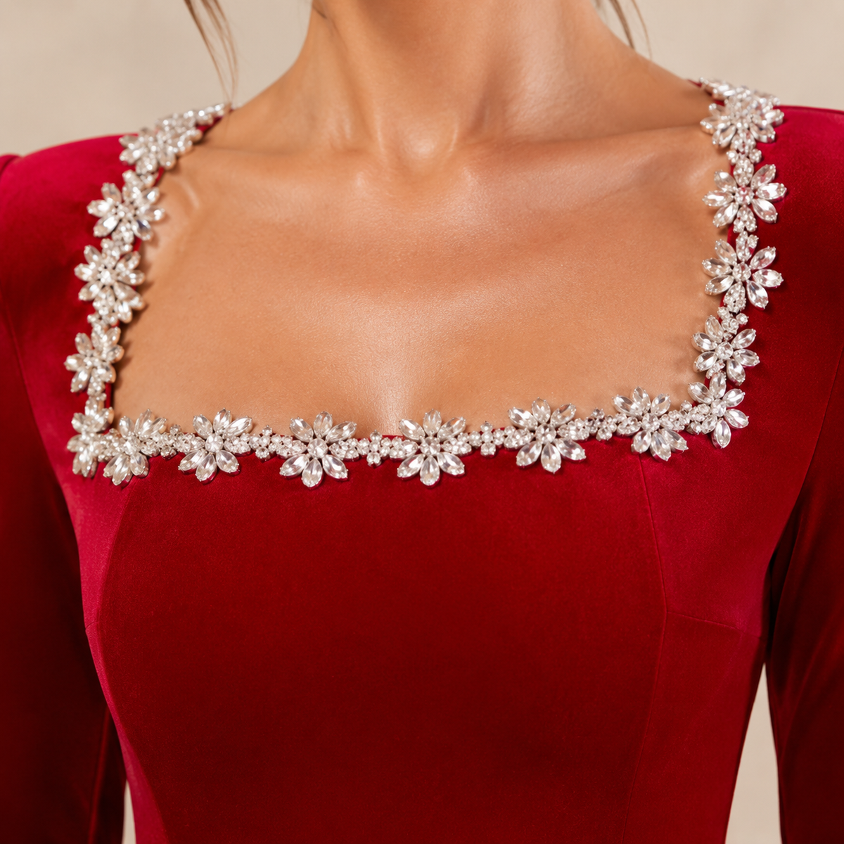 Velvet Square Neck Long Sleeve Embellished Flare Mini Dress 8