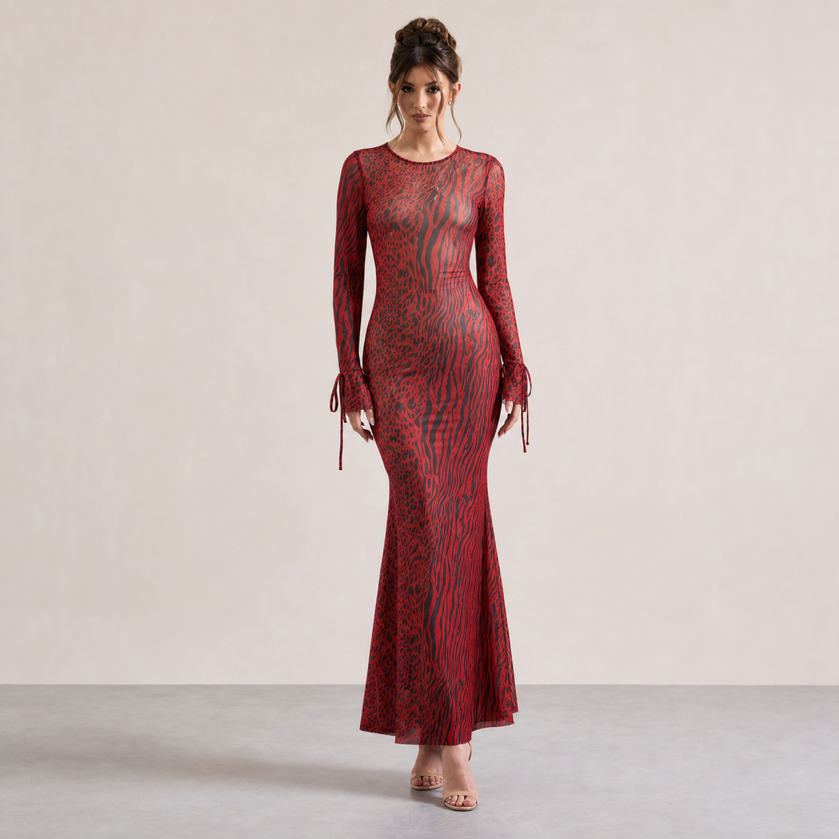 Animal Print Mesh Long Sleeve Fishtail Maxi Dress