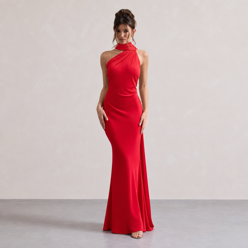 Asymmetric Halter Neck Ruched Mermaid Maxi Dress 10