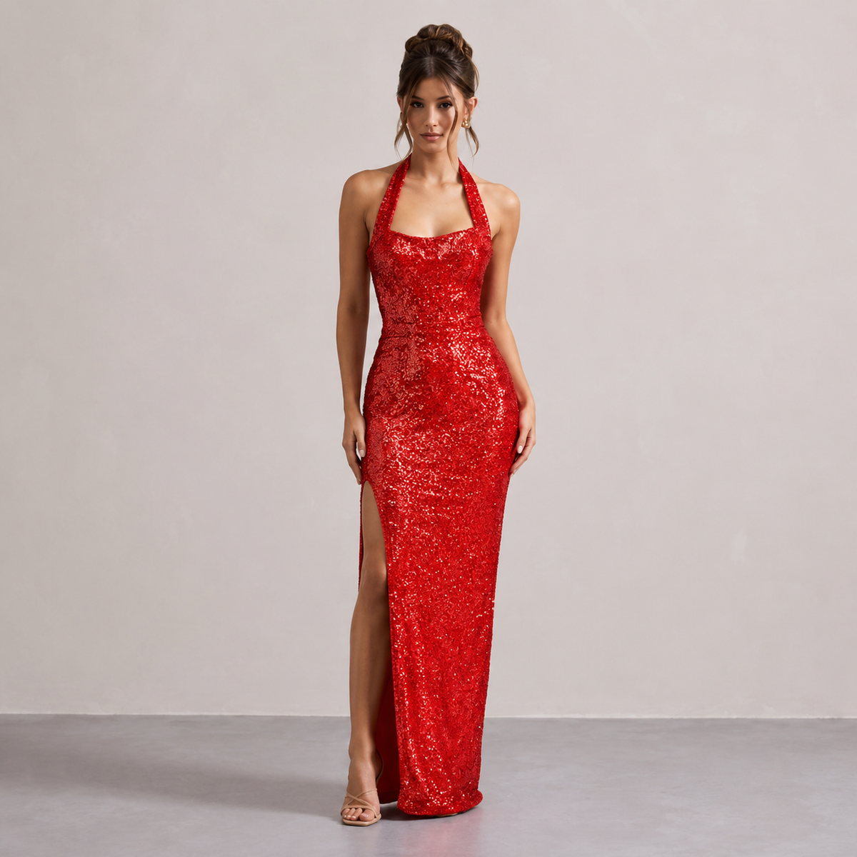 Halter Neck Sequin Backless High Split Maxi Gown 10