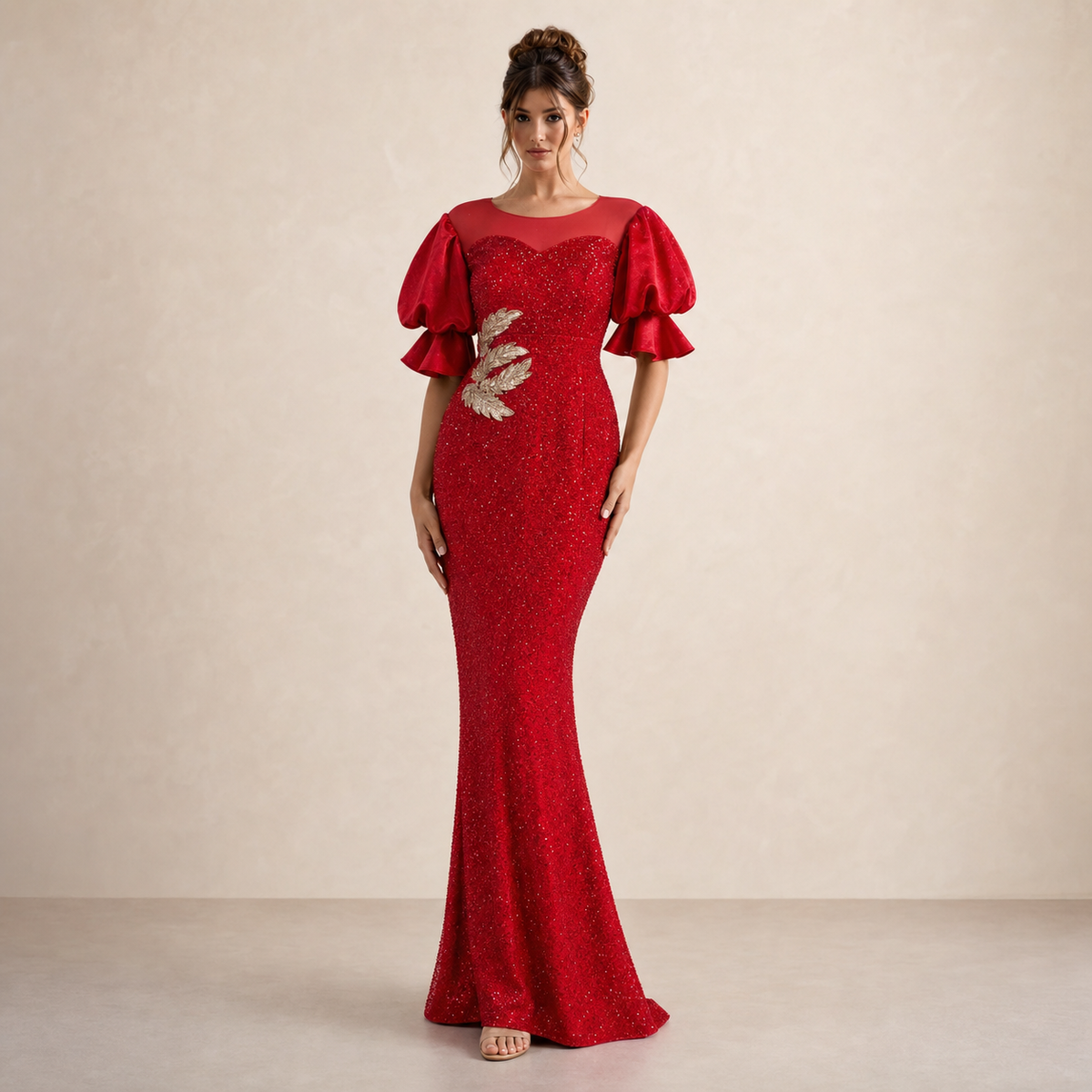 Illusion Neck Puff Sleeve Sequin Mermaid Gown 4