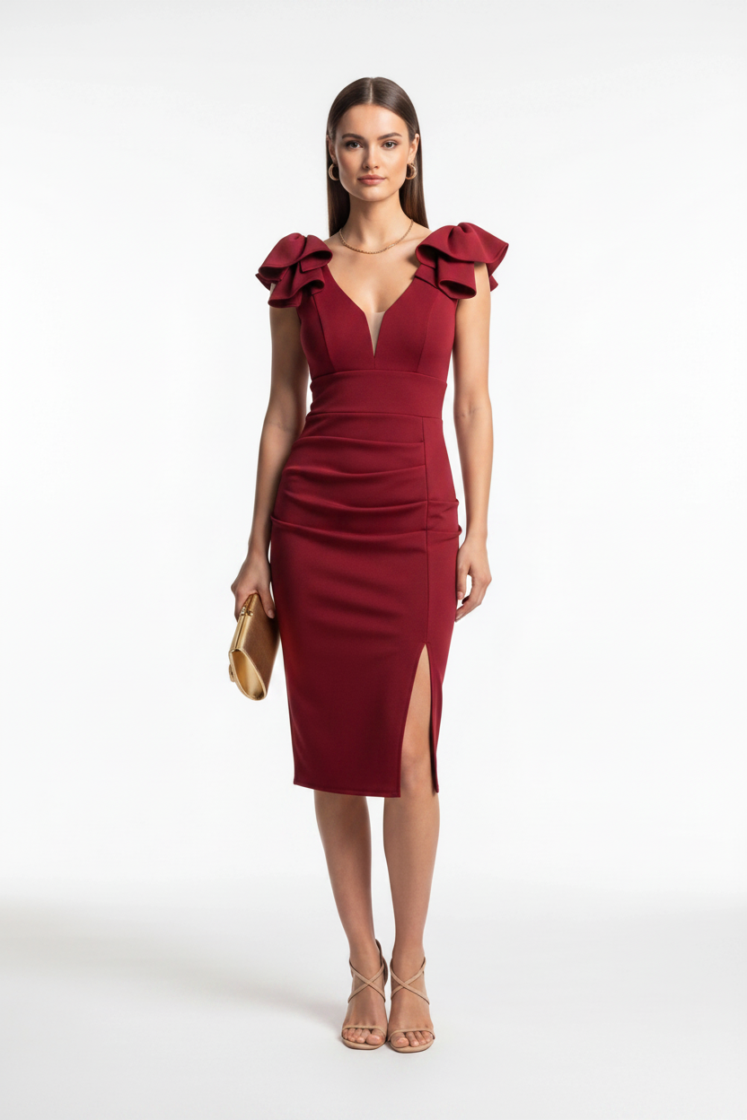 Deep V-Neck Shoulder Ruffle Waistband Bodycon Midi Cocktail Dress - View 7