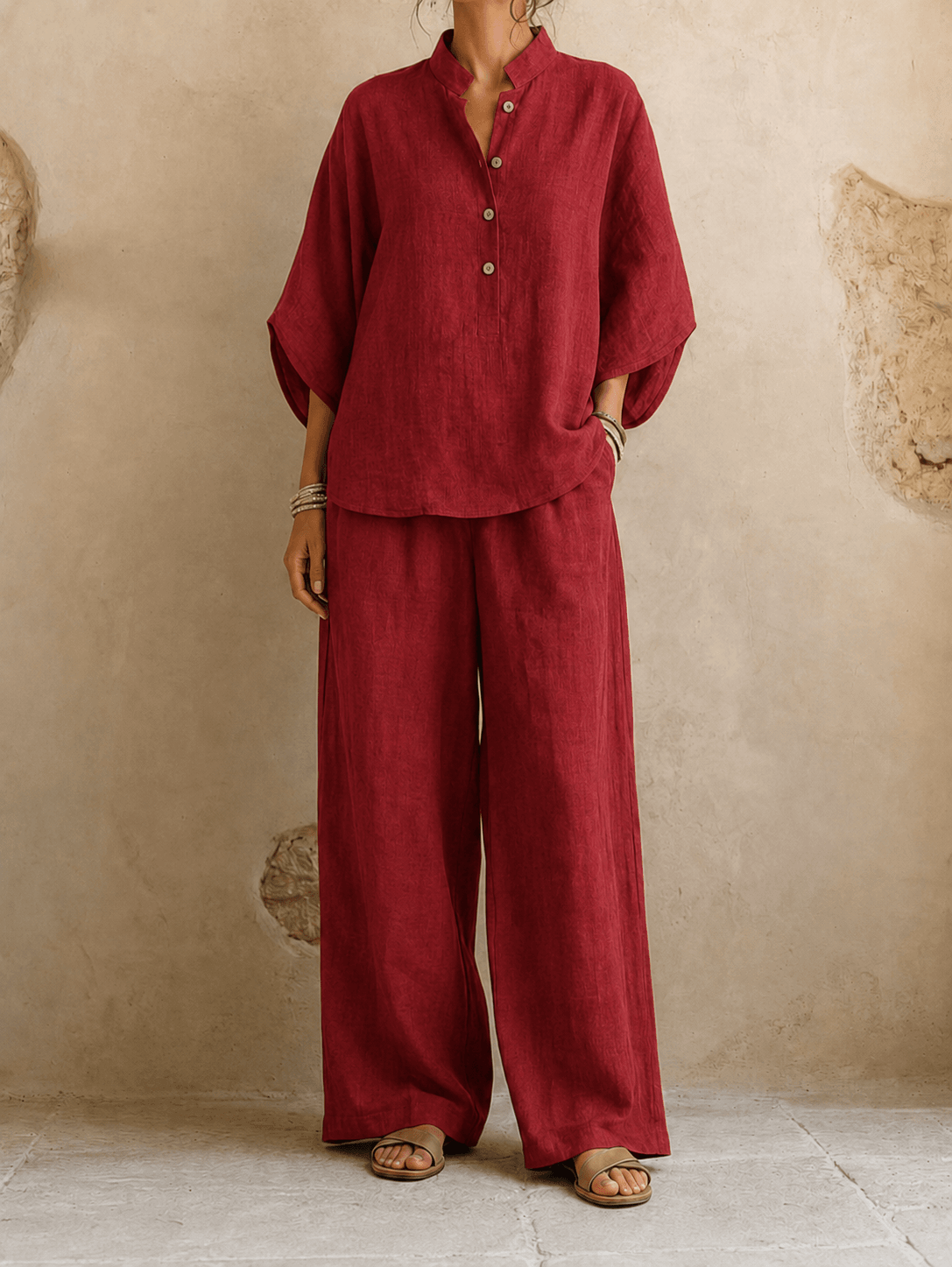 Stand Collar Three Quarter Sleeve Button Top and Wide Leg Pants Two Piece Set 8