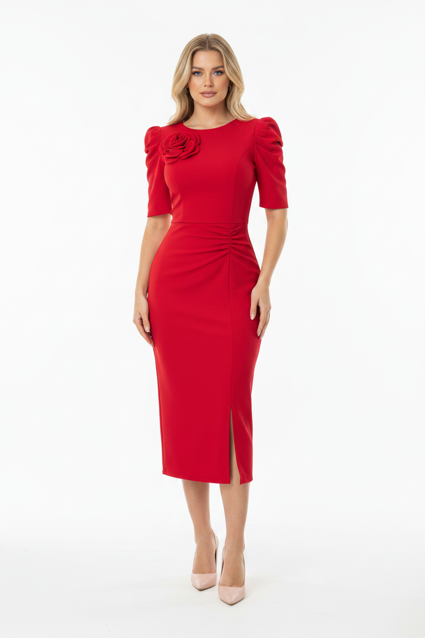 3D Floral Puff Sleeve Ruched High Split Bodycon Midi Dress - View 10