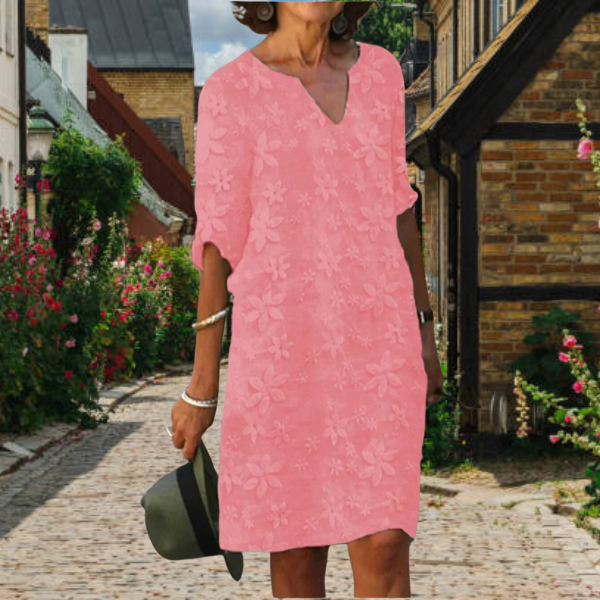 Floral Textured V-Neck Short Sleeve Shift Midi Dress - View 3