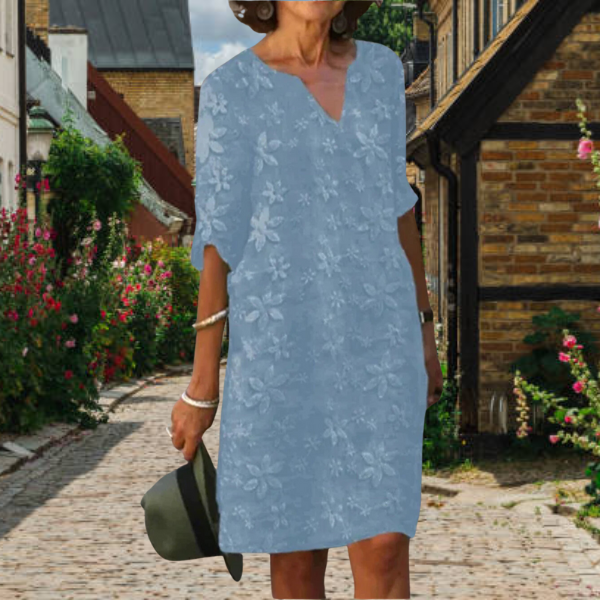 Floral Textured V-Neck Short Sleeve Shift Midi Dress - View 4