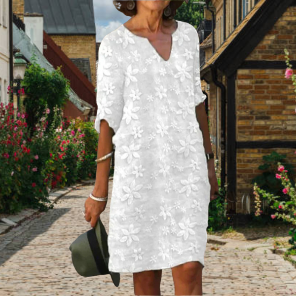 Floral Textured V-Neck Short Sleeve Shift Midi Dress - View 6