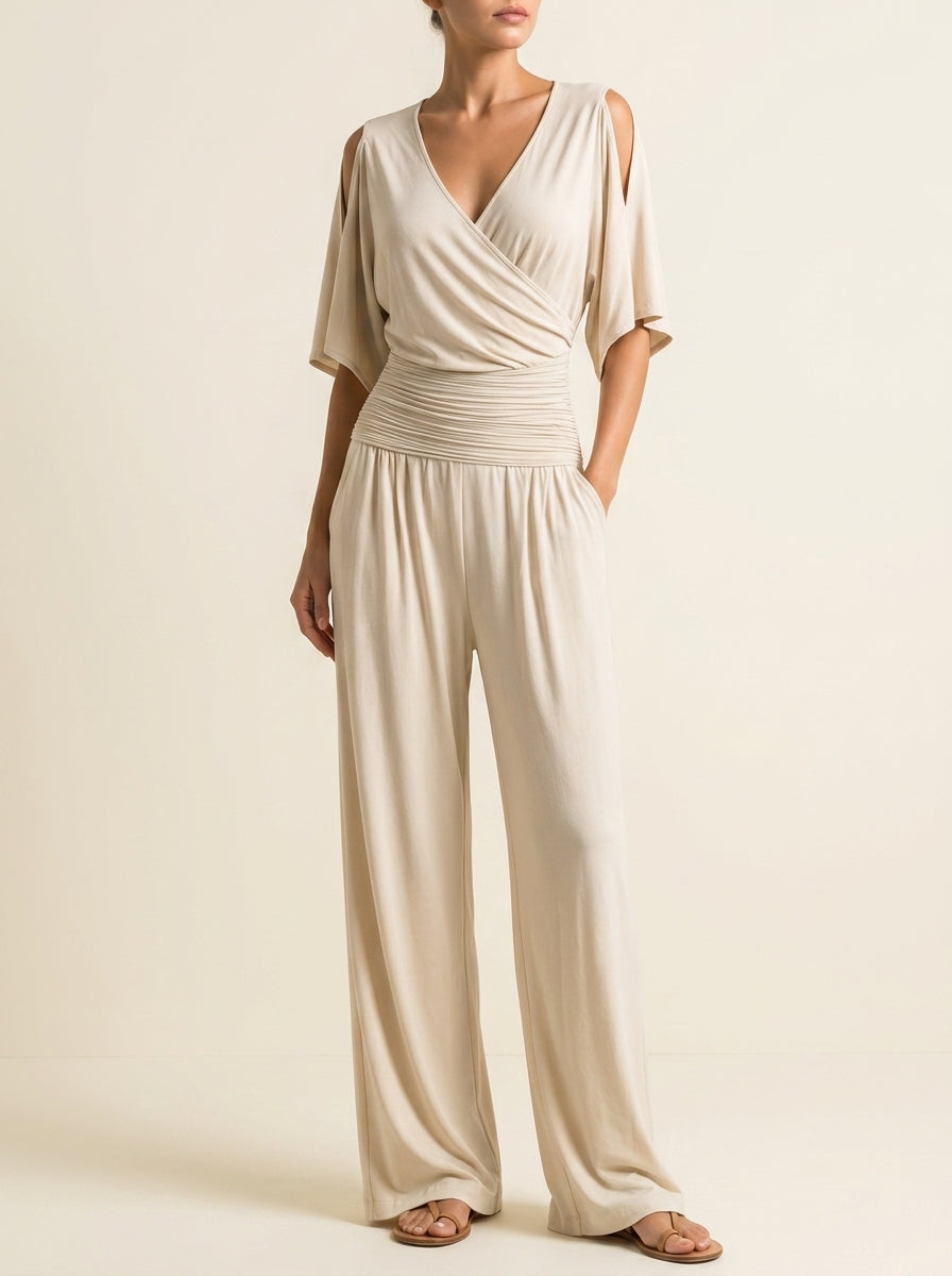 V-Neck Cold Shoulder Ruched Waist Wide Leg Jumpsuit