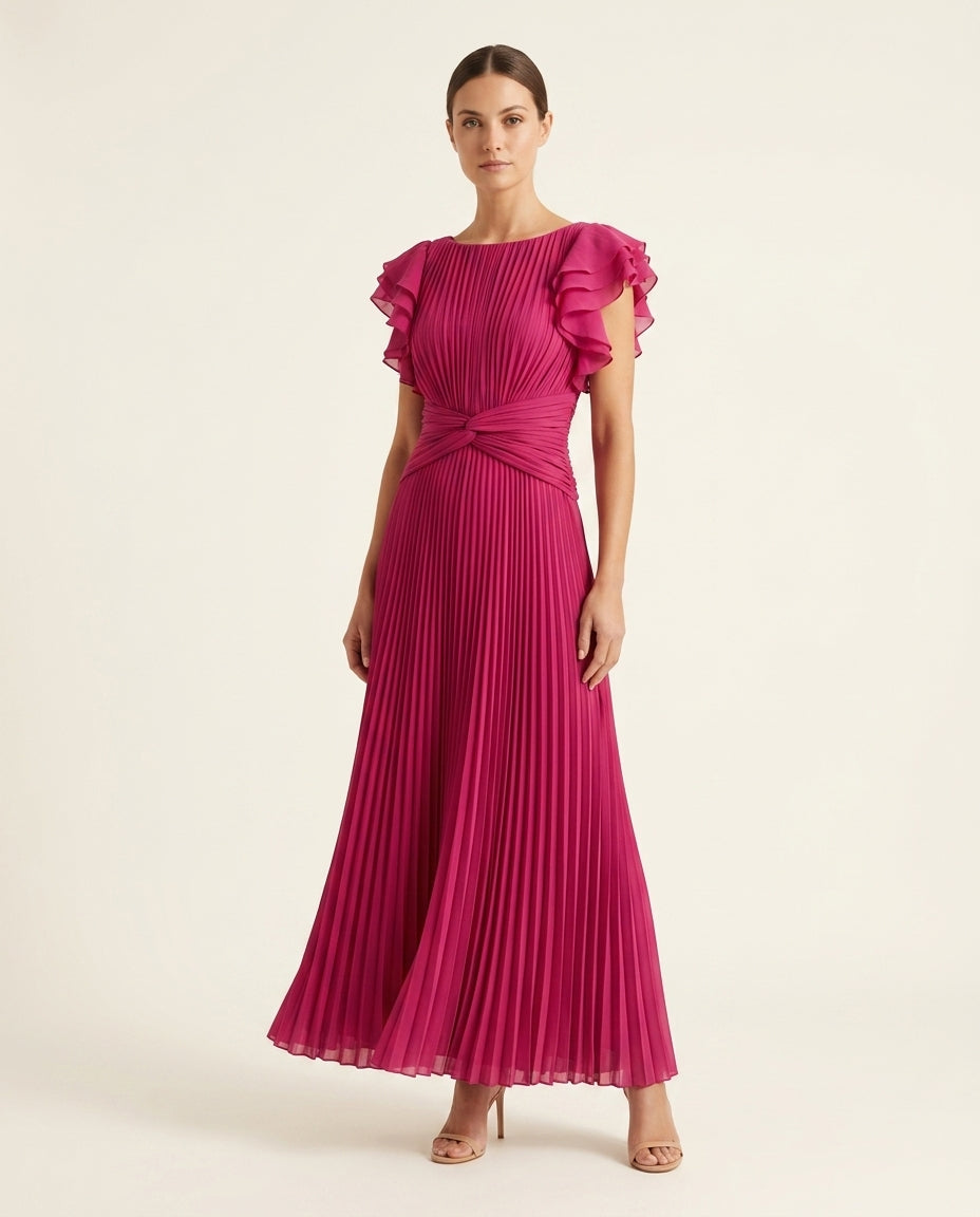 Pleated Boat Neck Flutter Sleeve Twist Waist Maxi Dress
