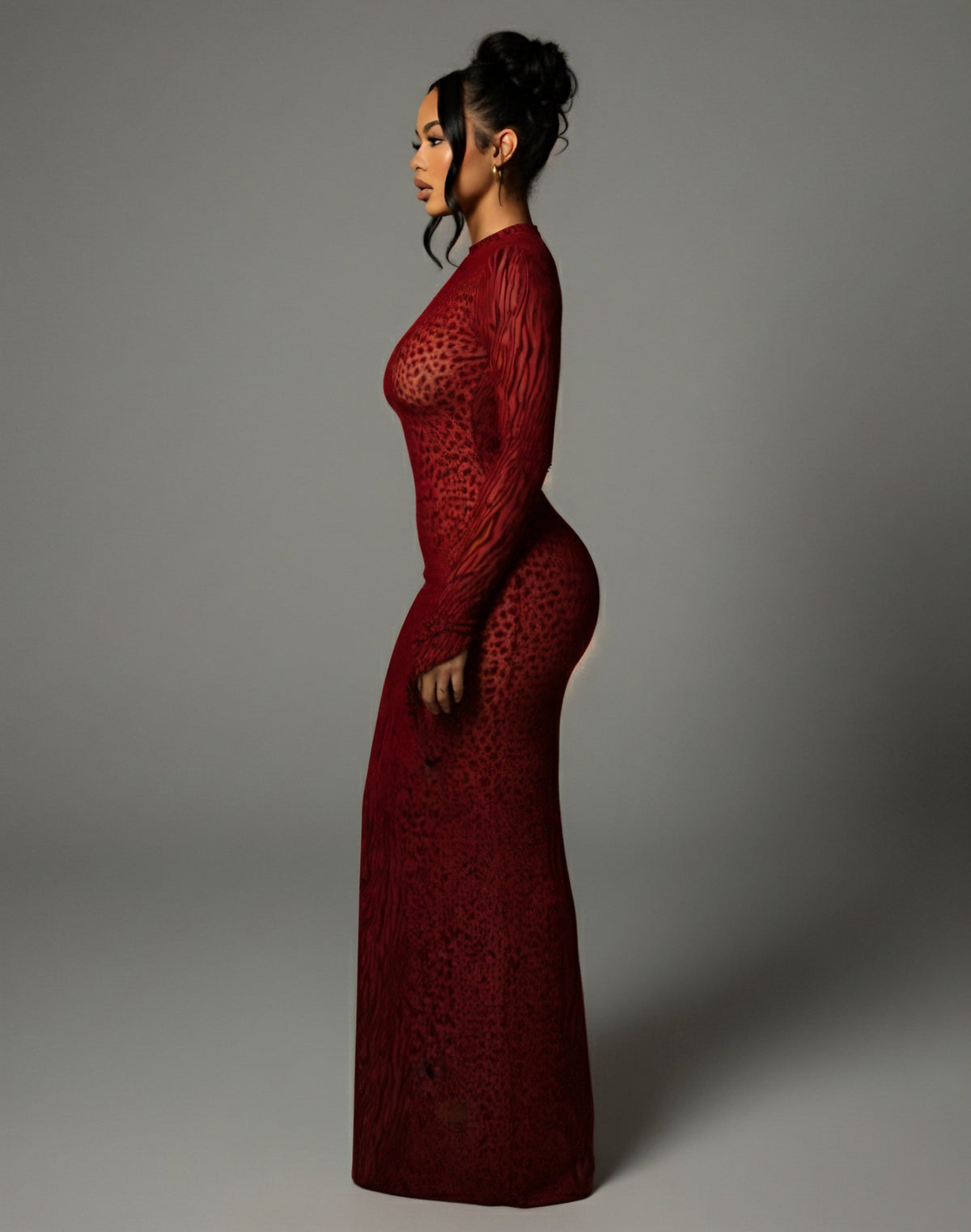 Animal Print Mesh High Neck Long Sleeve Bodycon Maxi Dress 3