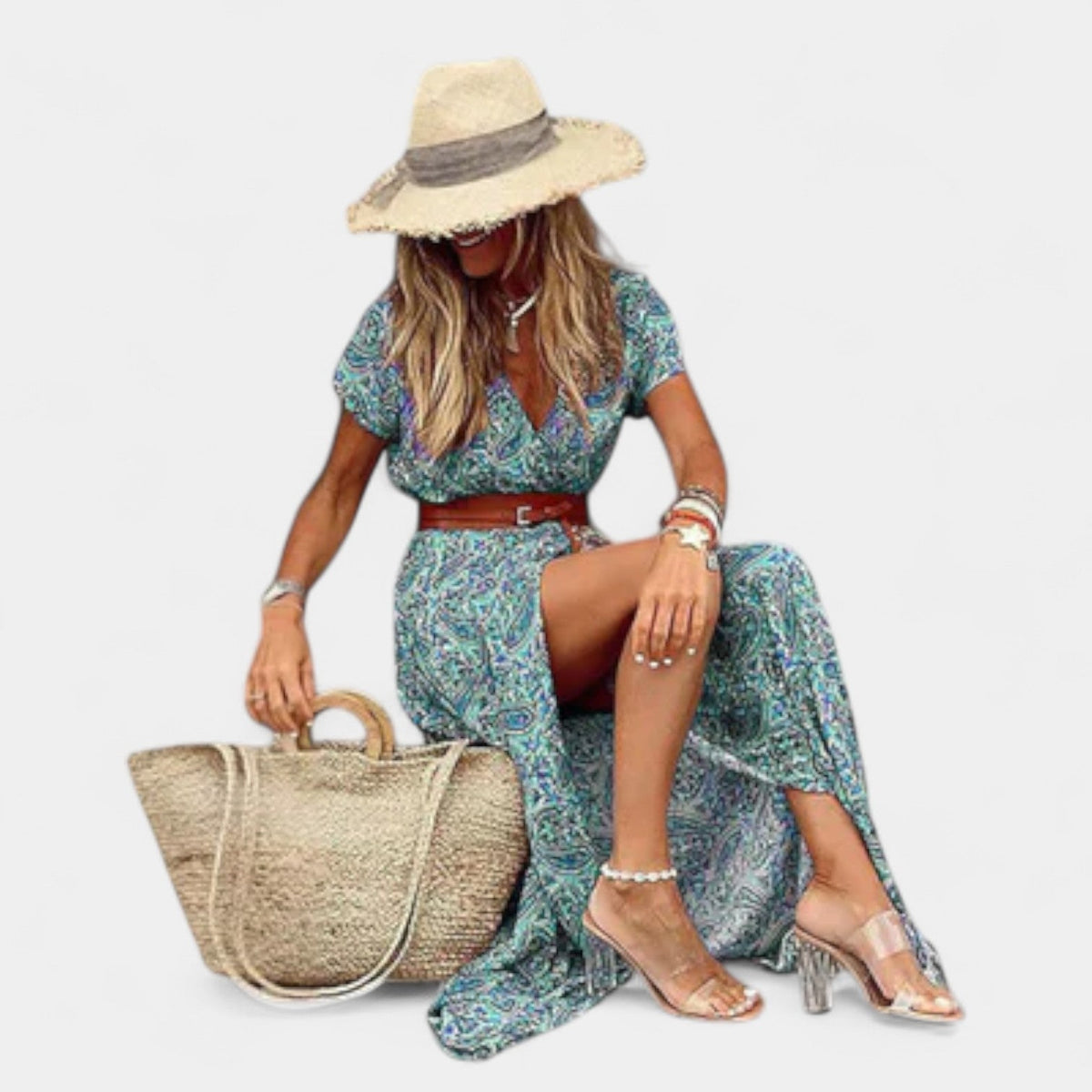 Paisley Print Short Sleeve Belted High Split Maxi Dress 6