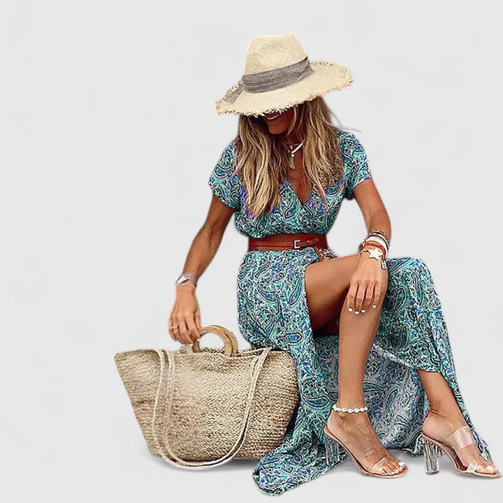 Floral V-Neck Short Sleeve Belted Maxi Dress 7
