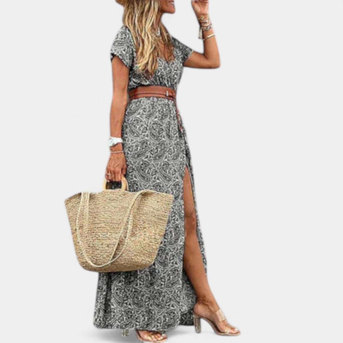 Paisley Print Short Sleeve Belted High Split Maxi Dress 7