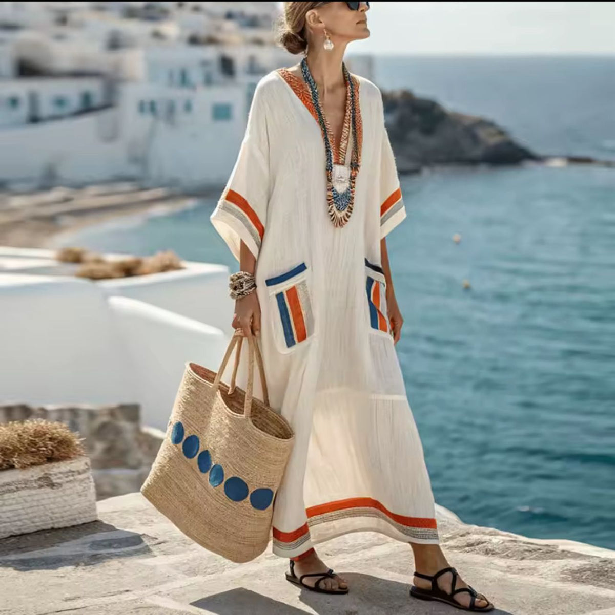 Striped Trim Patch Pocket V-Neck Maxi Beach Kaftan 6