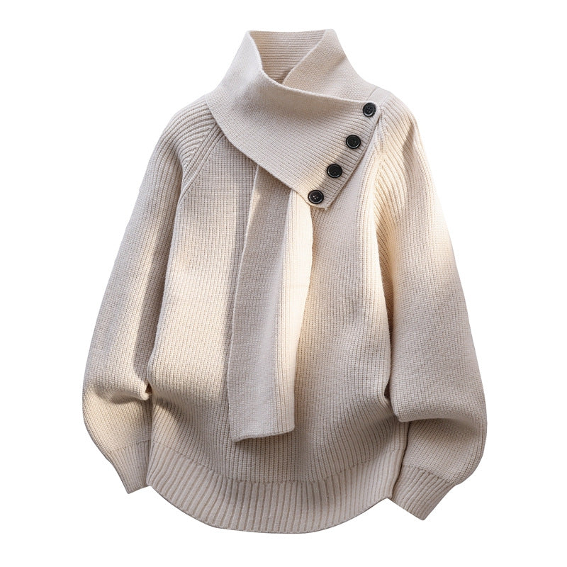 Scarf Neck Button Detail Ribbed Knit Sweater 4