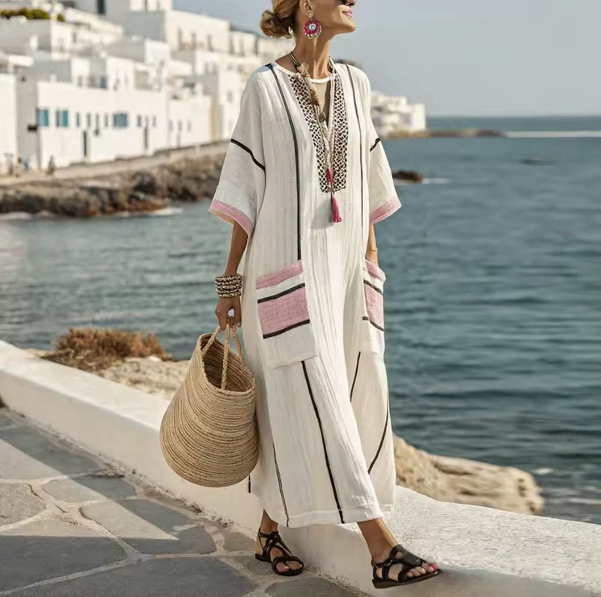 Striped Trim Patch Pocket V-Neck Maxi Beach Kaftan 7