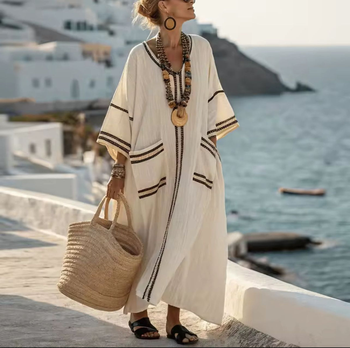 Striped Trim Patch Pocket V-Neck Maxi Beach Kaftan 5