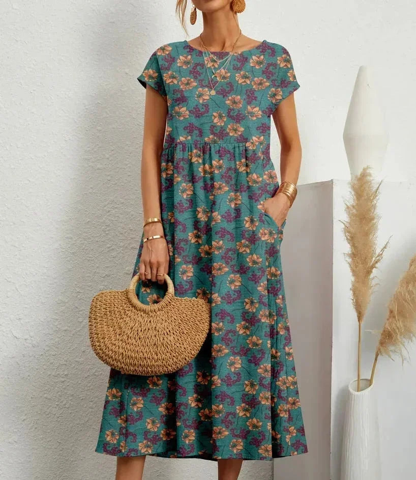Floral Round Neck Short Sleeve Pocket Tiered Midi Dress 11