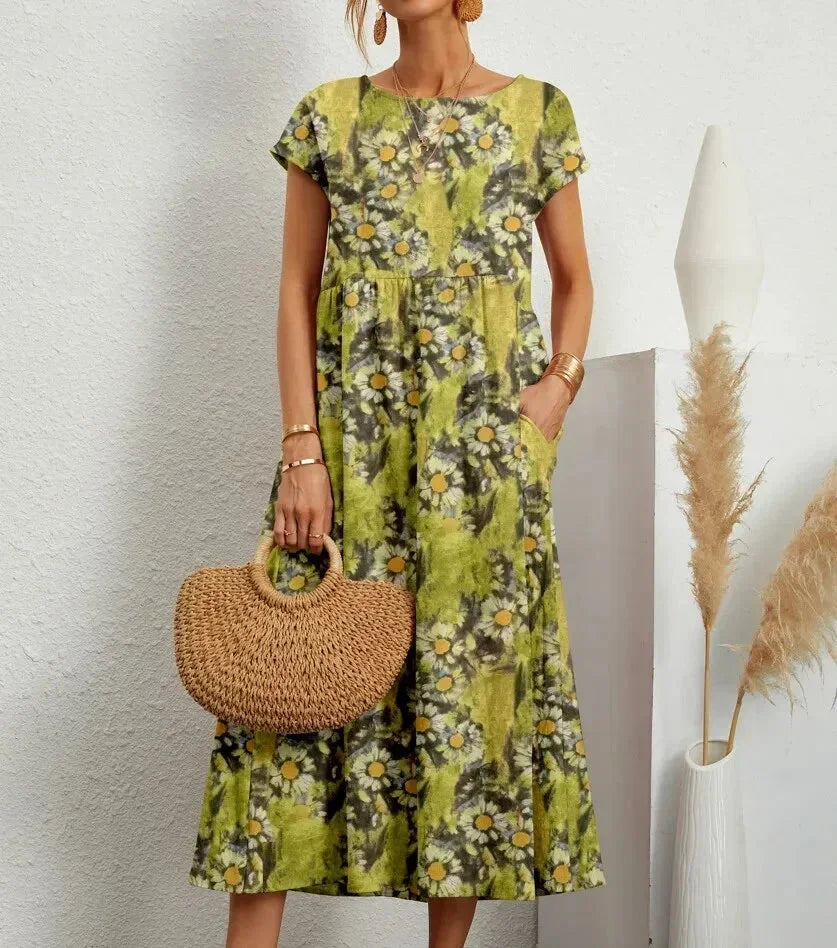 Floral Round Neck Short Sleeve Pocket Tiered Midi Dress 9