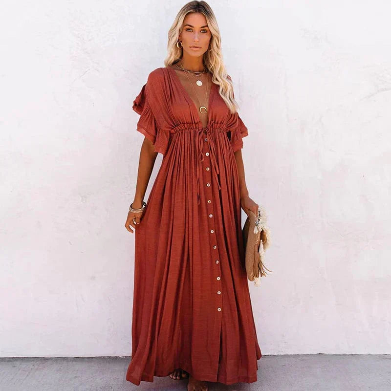 V-Neck Flutter Sleeve Drawstring Waist Button Front Maxi Dress