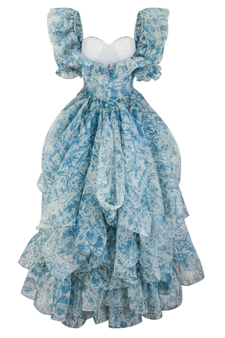 Floral Print Square Neck Puff Sleeve Ruffle Organza High Low Maxi Dress - View 6