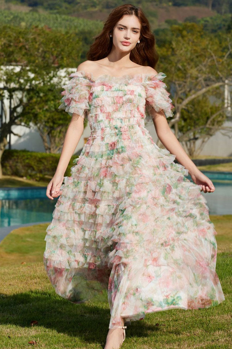 Floral Print Off Shoulder Tiered Ruffle Tulle A-Line Maxi Dress - View 2