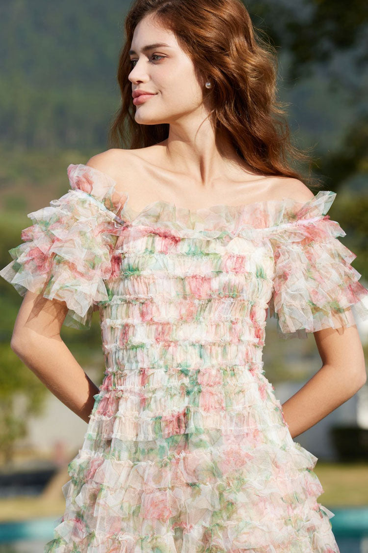 Floral Print Off Shoulder Tiered Ruffle Tulle A-Line Maxi Dress - View 6