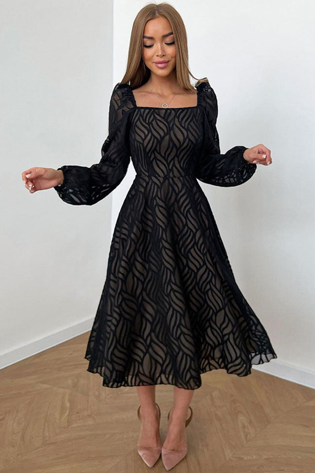 Romantic Square Neck Puff Sleeve Jacquard Chiffon Midi Dress - Black - View 2