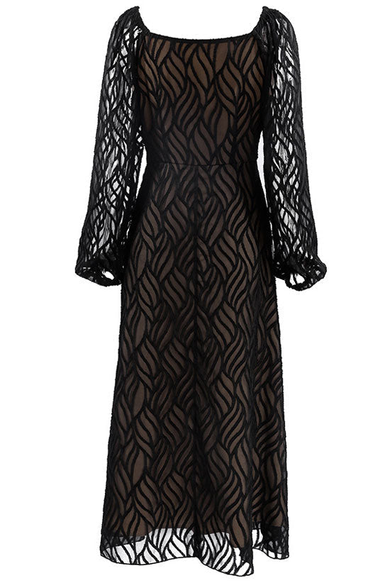 Romantic Square Neck Puff Sleeve Jacquard Chiffon Midi Dress - Black - View 5