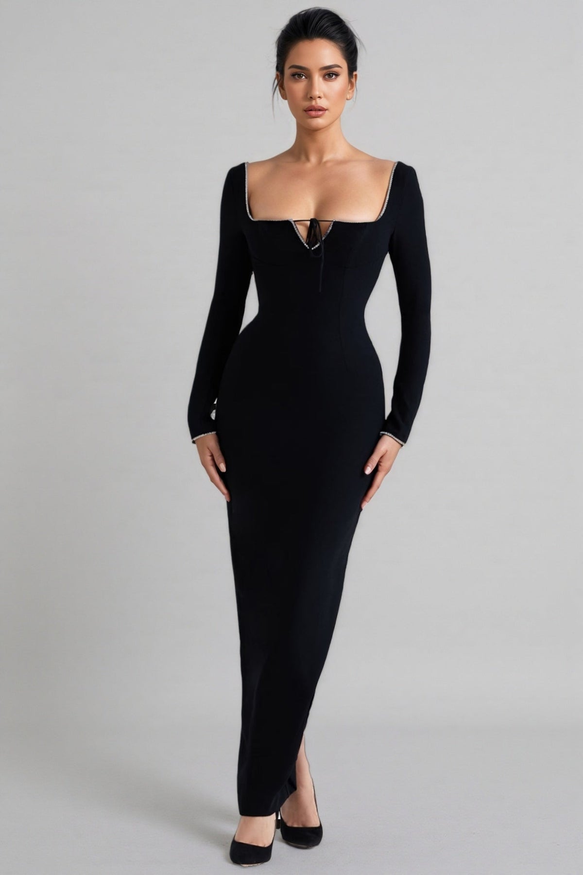 Bandage Square Neck Rhinestone Trim Long Sleeve Bodycon Maxi Dress