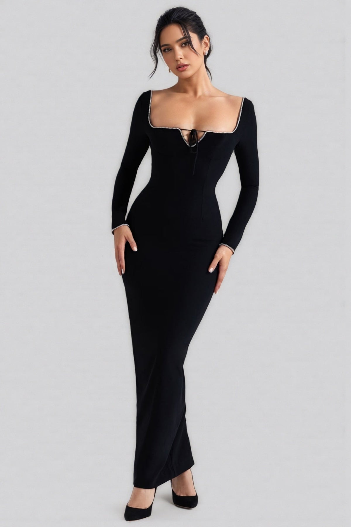 Bandage Square Neck Rhinestone Trim Long Sleeve Bodycon Maxi Dress - View 2