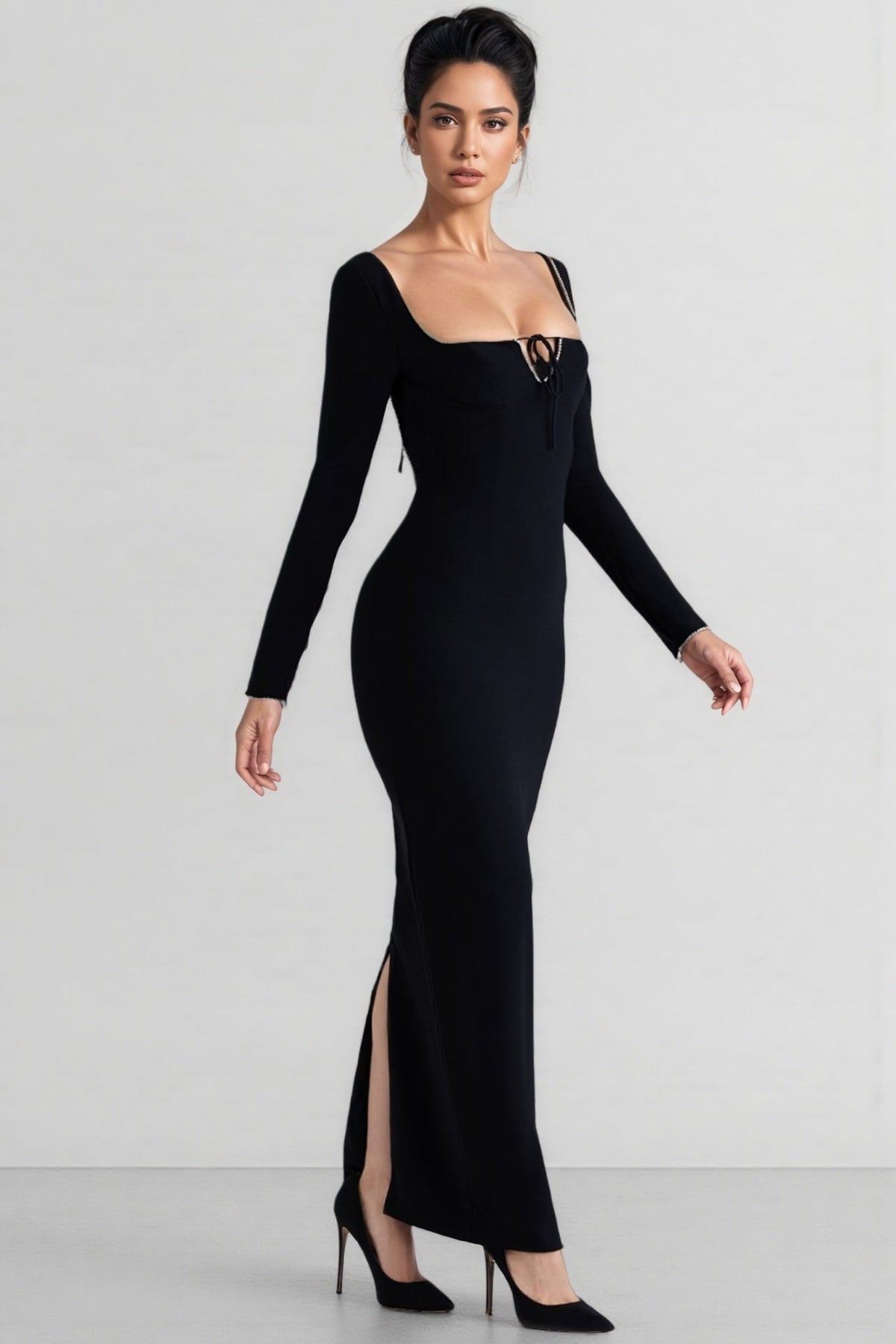 Bandage Square Neck Rhinestone Trim Long Sleeve Bodycon Maxi Dress - View 6