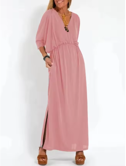 V-Neck Batwing Sleeve Elastic Waist Pocket Maxi Dress 8