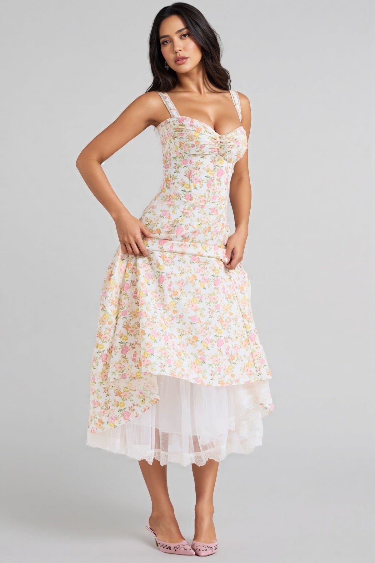 Floral Print Sweetheart Tie Front Spaghetti Strap Midi Dress - View 4