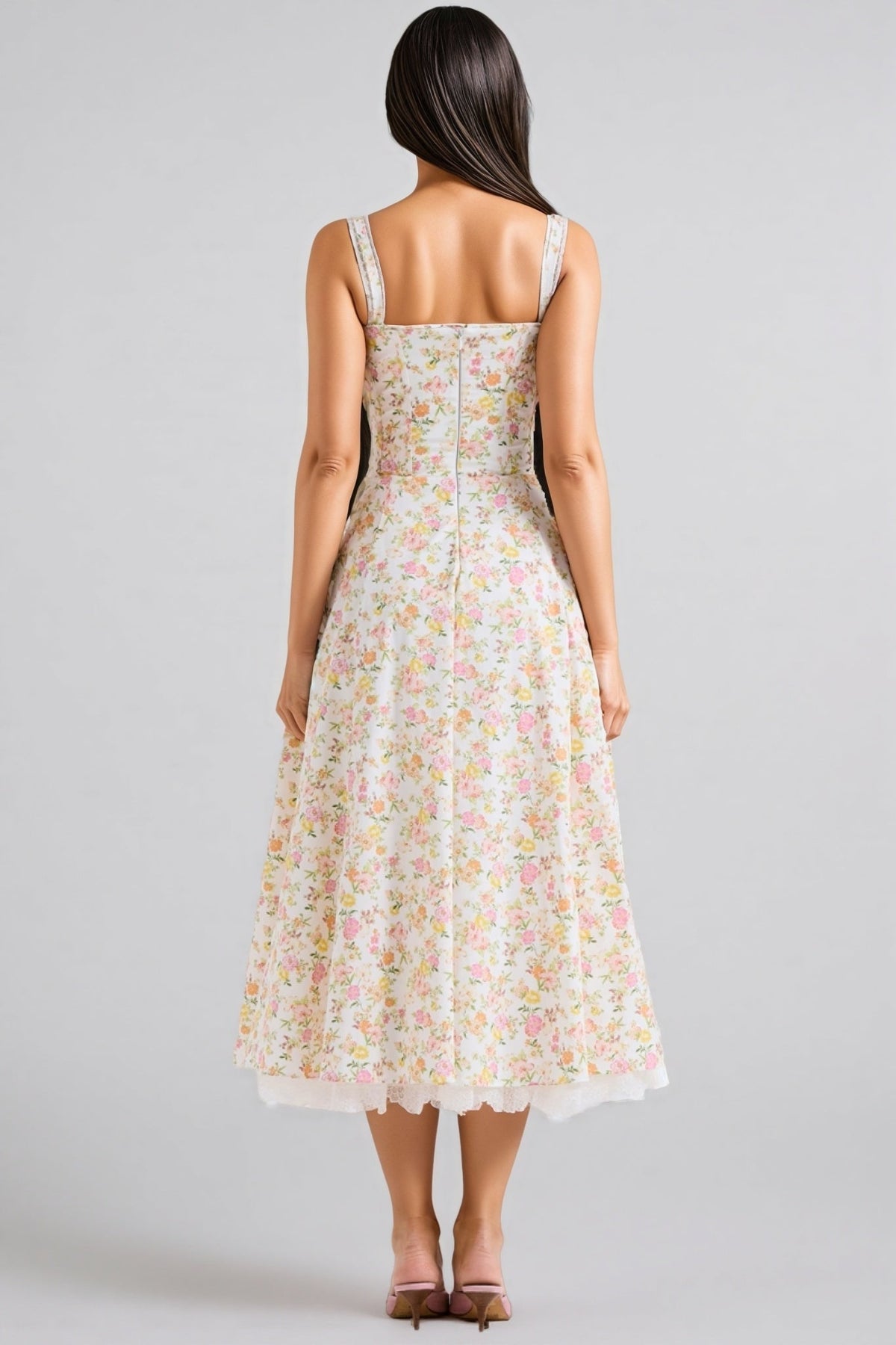 Floral Print Sweetheart Tie Front Spaghetti Strap Midi Dress - View 6
