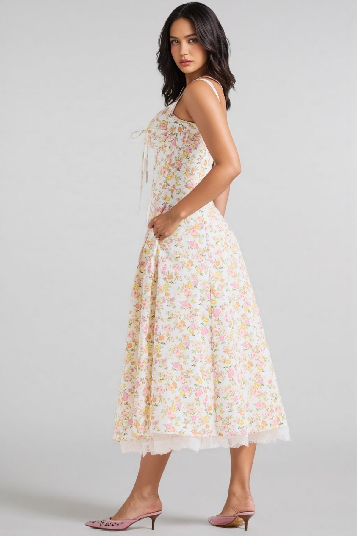 Floral Print Sweetheart Tie Front Spaghetti Strap Midi Dress - View 5