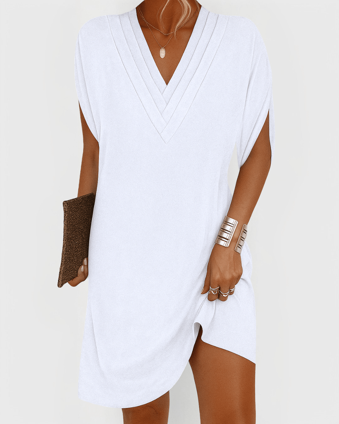 Pleated V-Neck Short Sleeve Shift Mini Dress 6